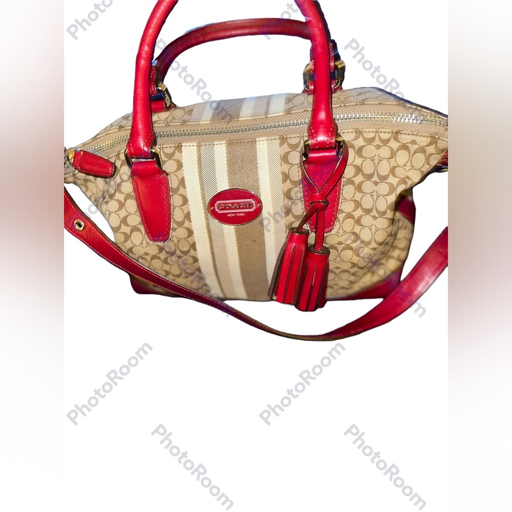 EUC Coach Bag: Burgundy and Cream: L14” W20” stretched w/o Stretch 10” Strap 34” - Picture 7 of 9